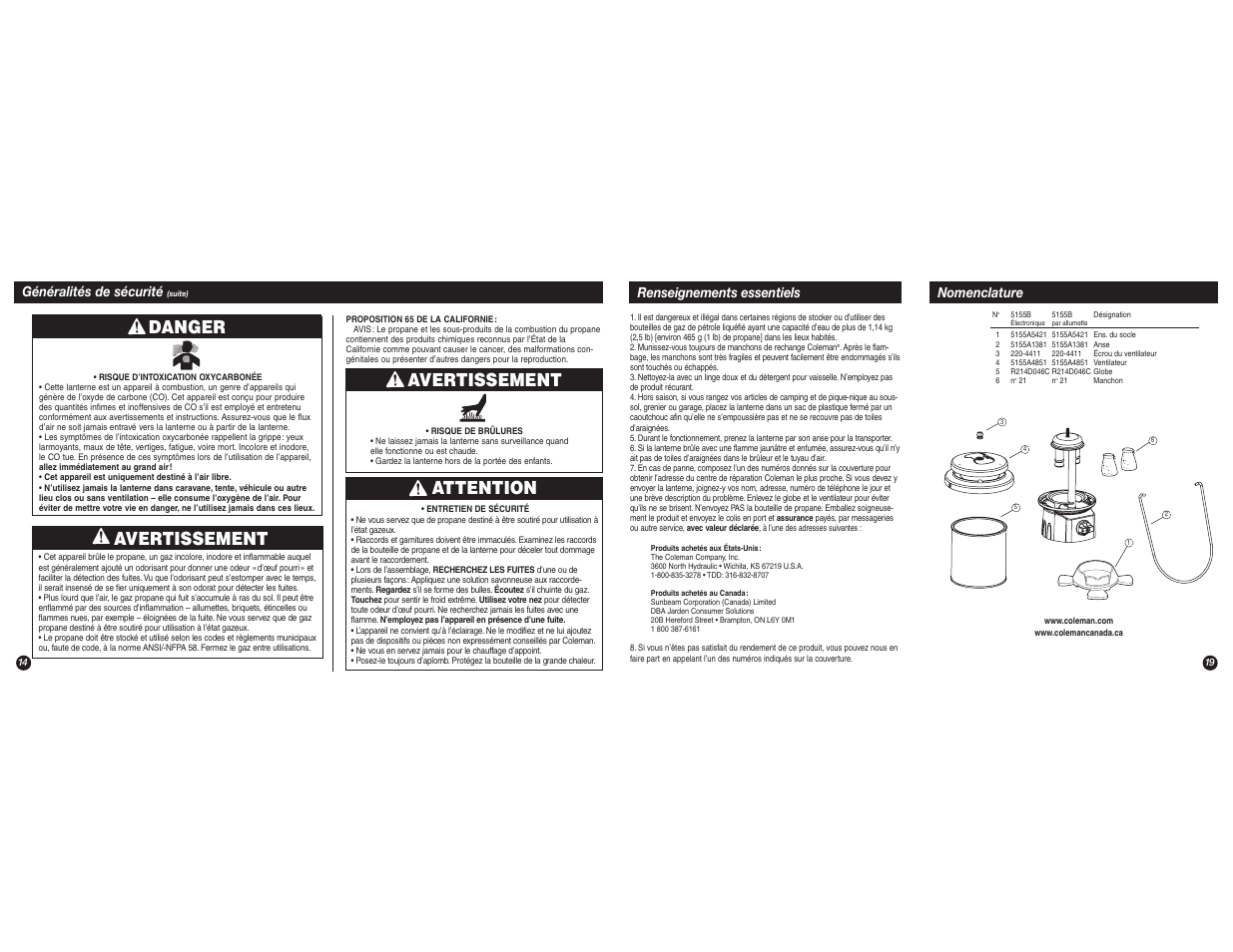 Avertissement, Attention avertissement, Danger | Coleman 5155B User Manual | Page 14 / 16