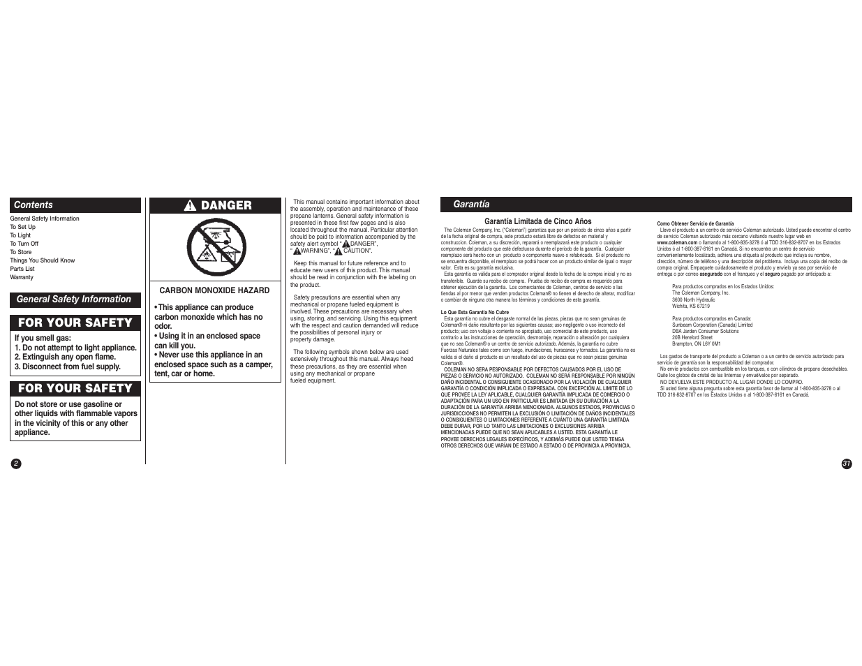 For your safety, Danger | Coleman 5155B User Manual | Page 2 / 16