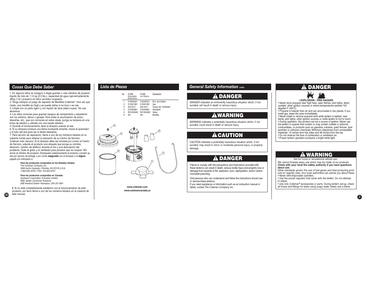 Warning, Danger, Caution | Coleman 5155B User Manual | Page 3 / 16