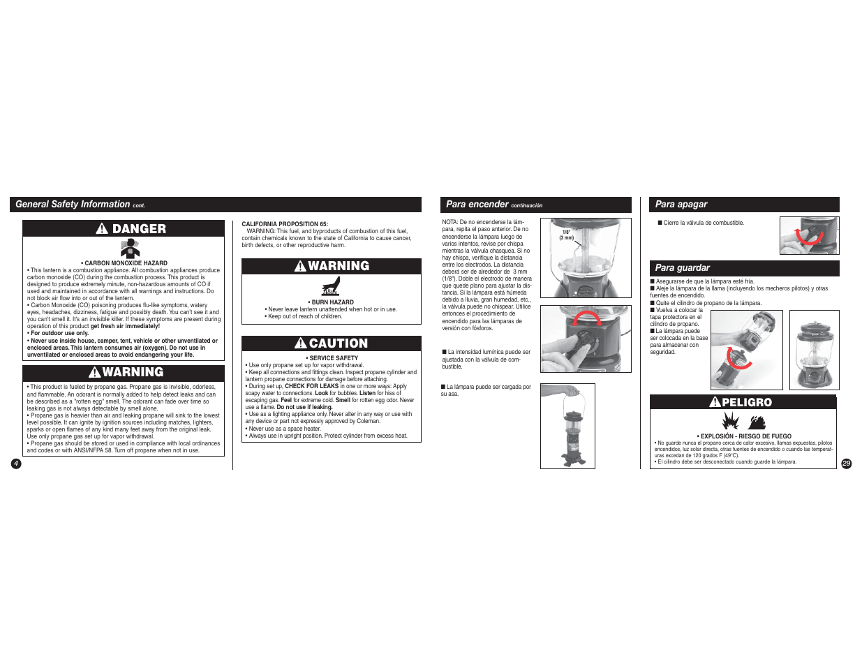 Warning, Caution warning, Danger | Peligro | Coleman 5155B User Manual | Page 4 / 16