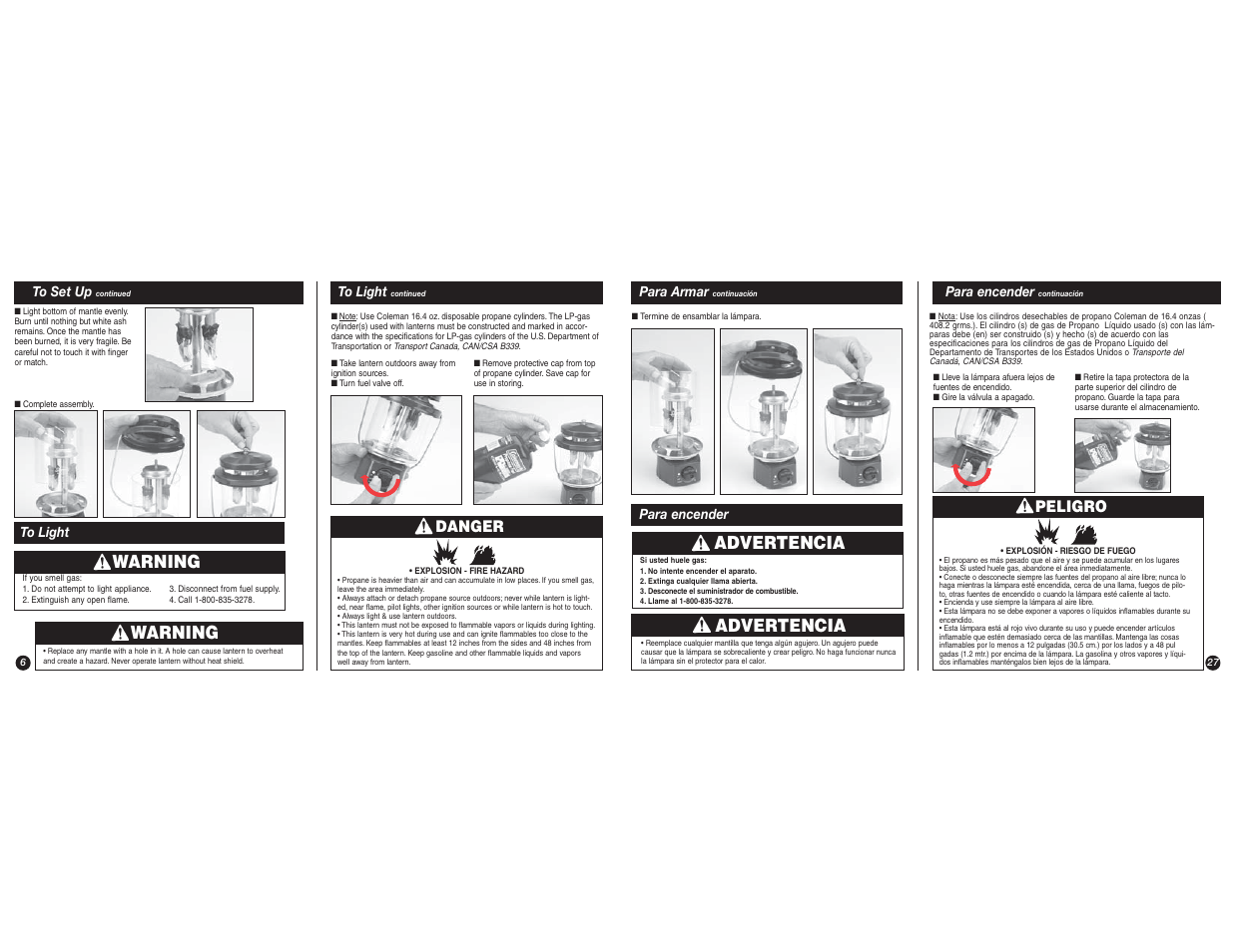 Warning, Advertencia, Danger | Peligro | Coleman 5155B User Manual | Page 6 / 16