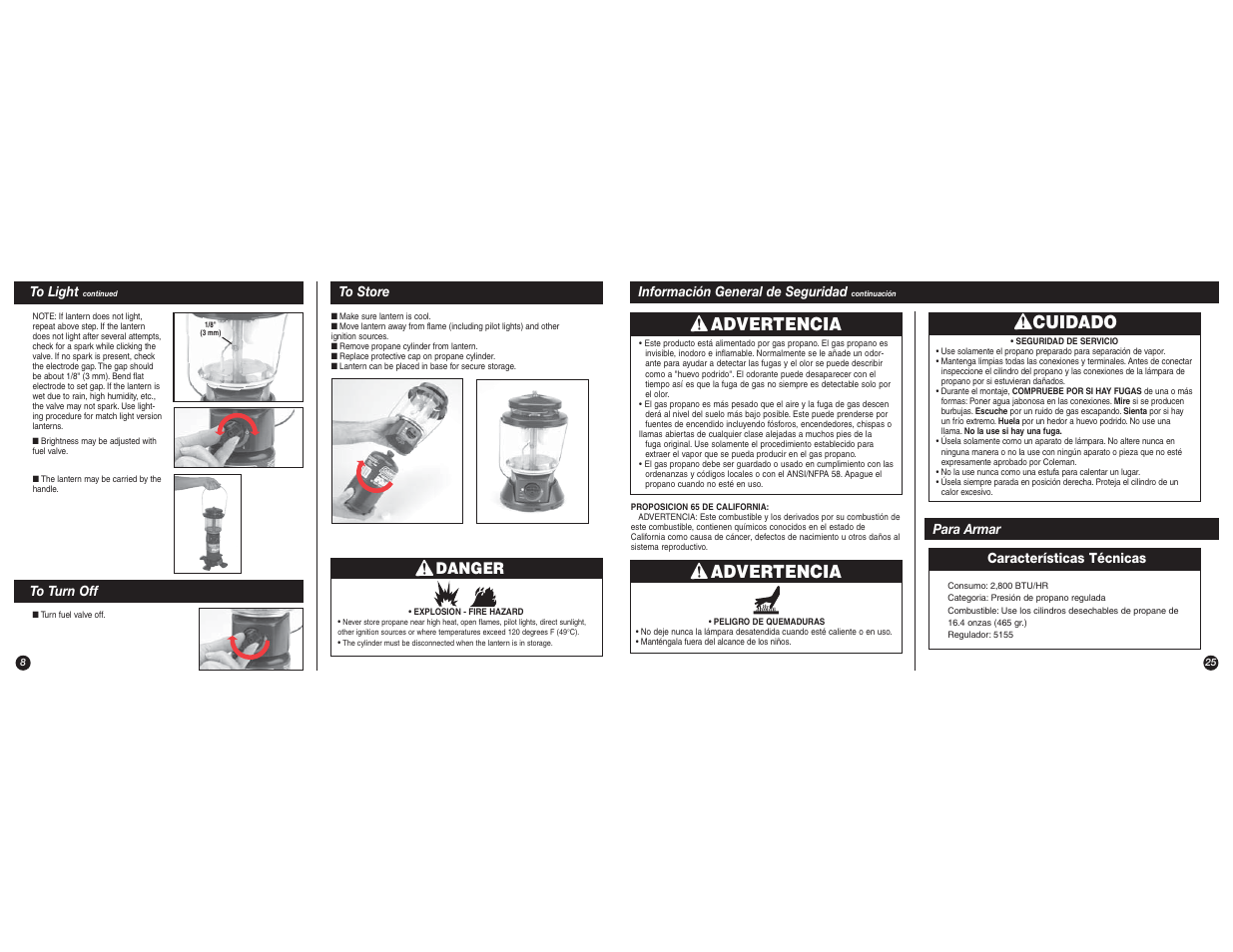 Advertencia, Cuidado advertencia, Danger | Coleman 5155B User Manual | Page 8 / 16