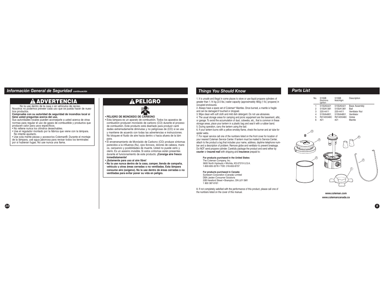 Advertencia, Peligro | Coleman 5155B User Manual | Page 9 / 16