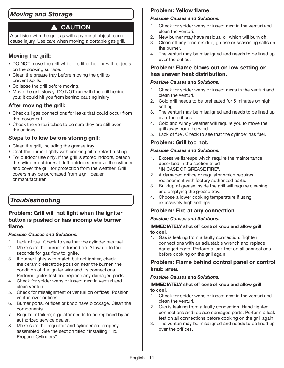 Moving and storage troubleshooting, Caution | Coleman 9955 User Manual | Page 12 / 44