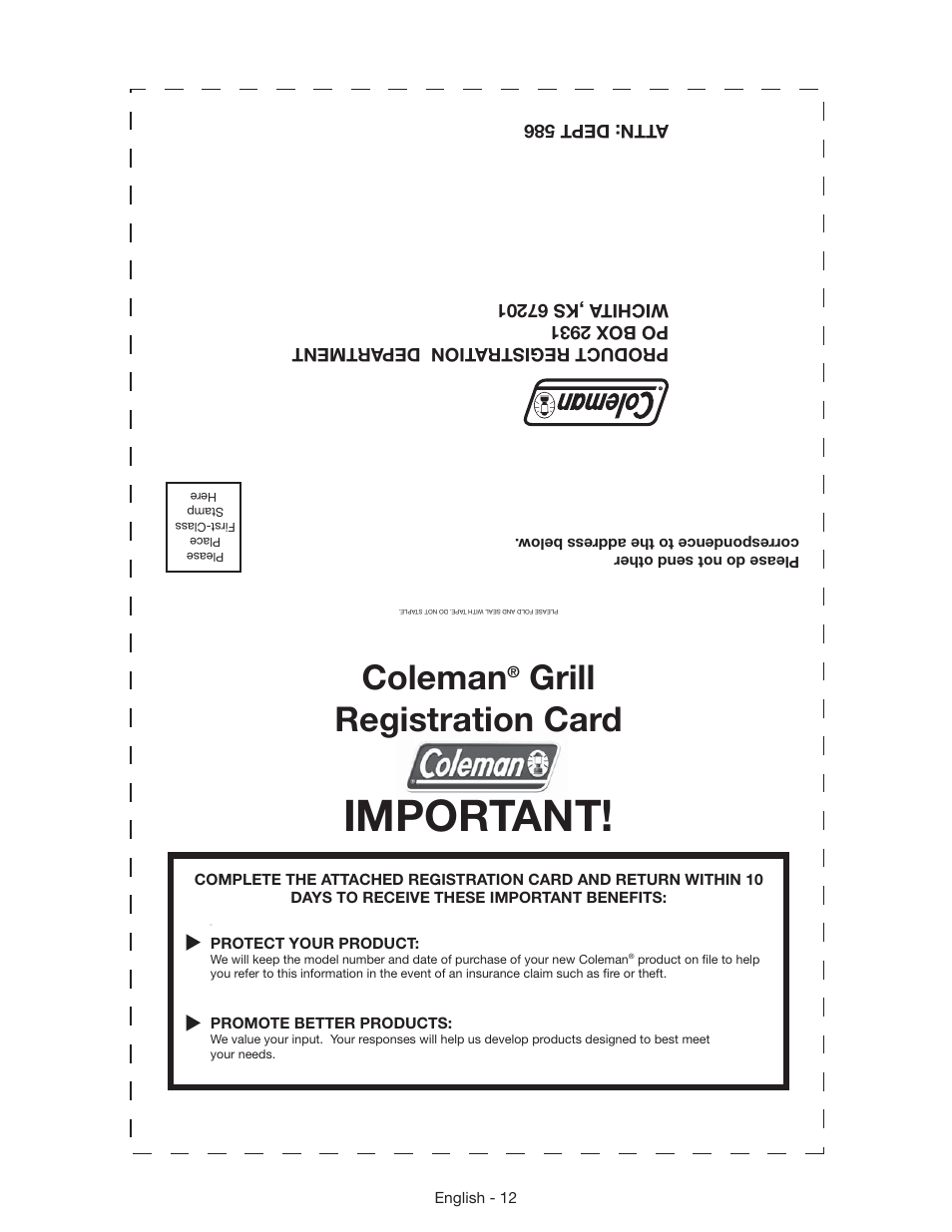 Important, Coleman, Grill registration card | Coleman 9955 User Manual | Page 13 / 44