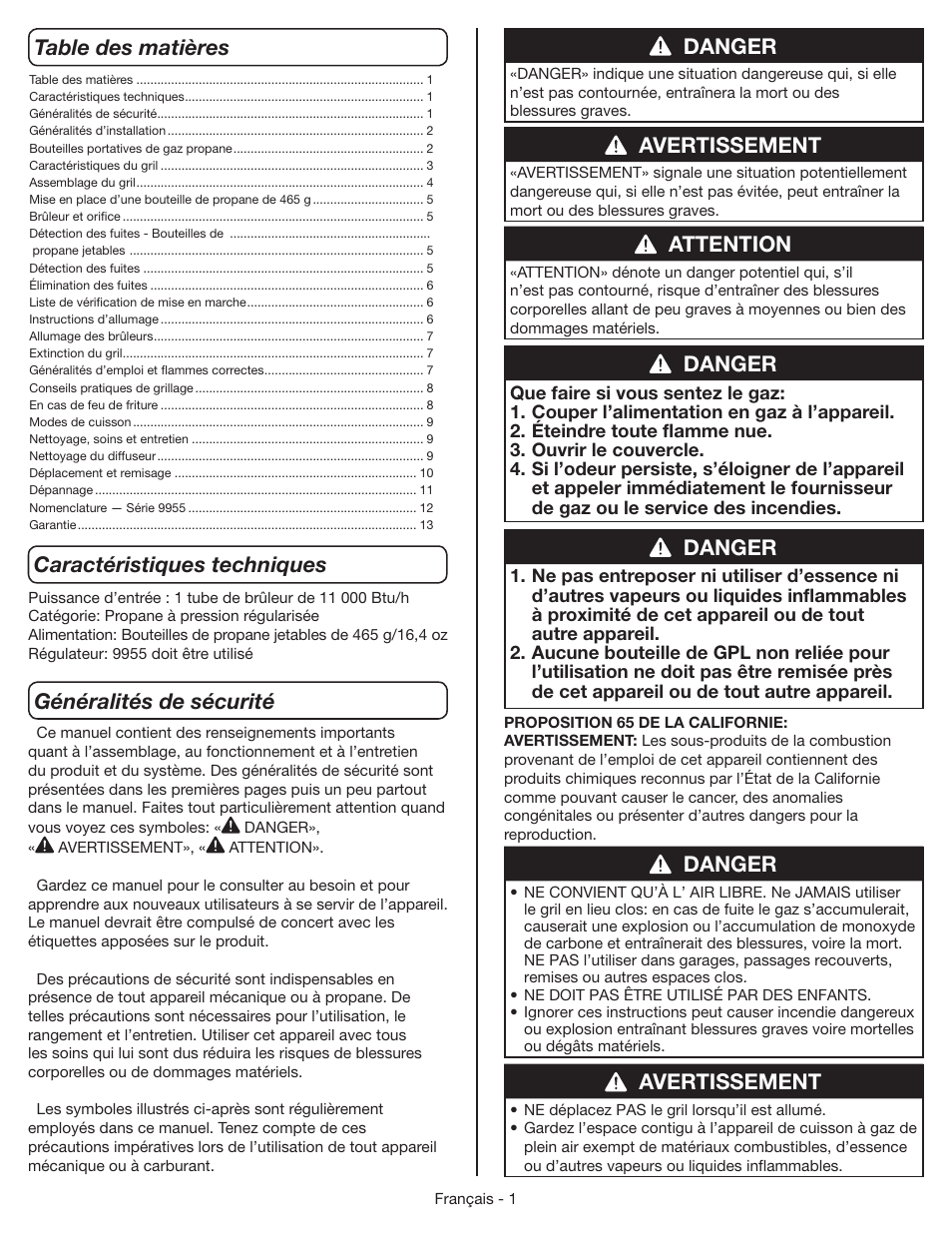 Danger, Avertissement | Coleman 9955 User Manual | Page 18 / 44