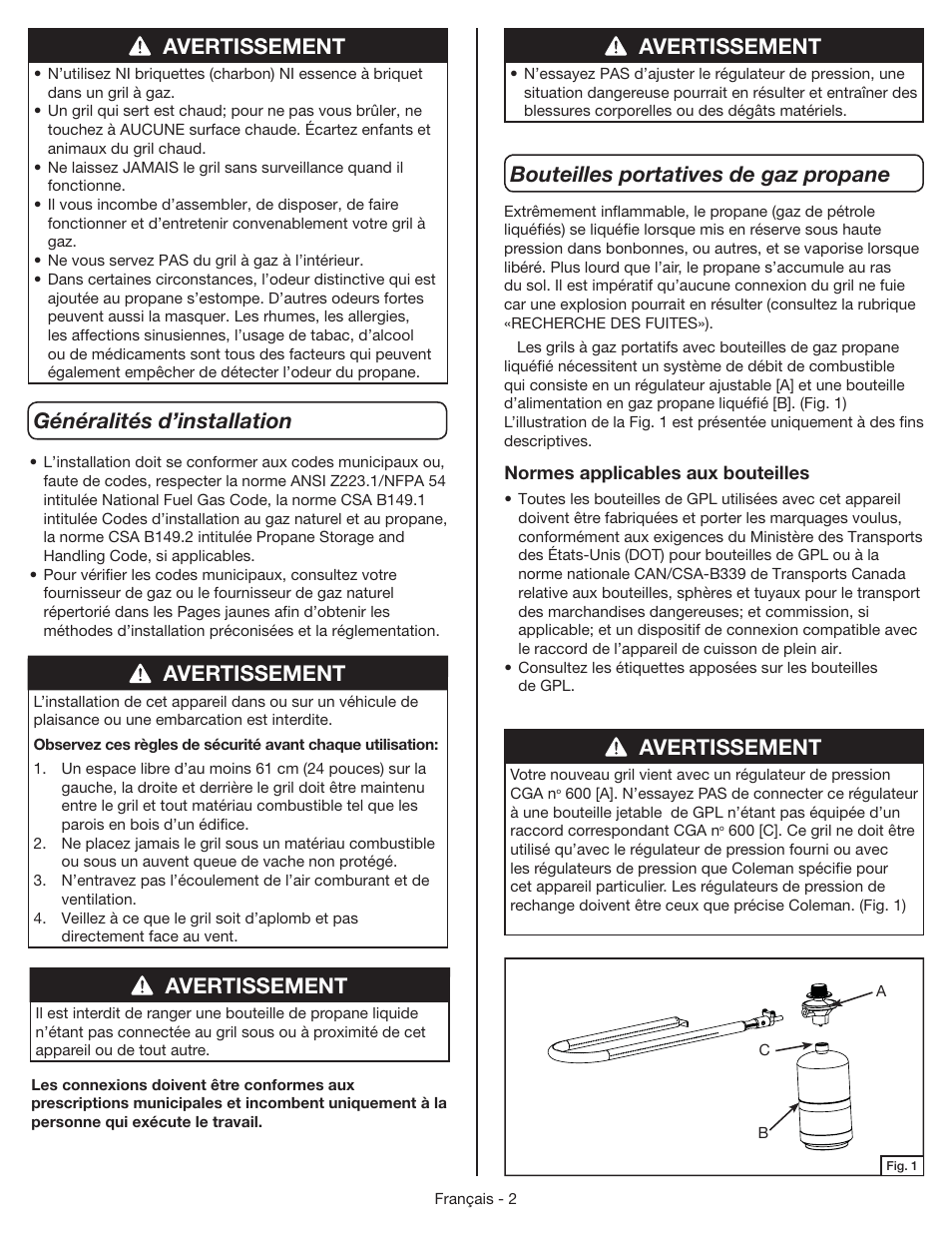 Avertissement | Coleman 9955 User Manual | Page 19 / 44