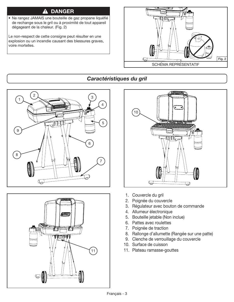 Danger caractéristiques du gril | Coleman 9955 User Manual | Page 20 / 44