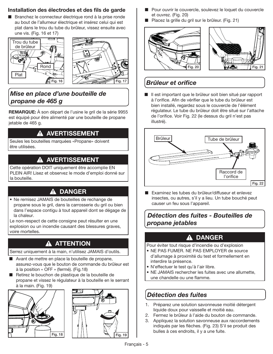 Attention, Danger, Avertissement | Détection des fuites | Coleman 9955 User Manual | Page 22 / 44