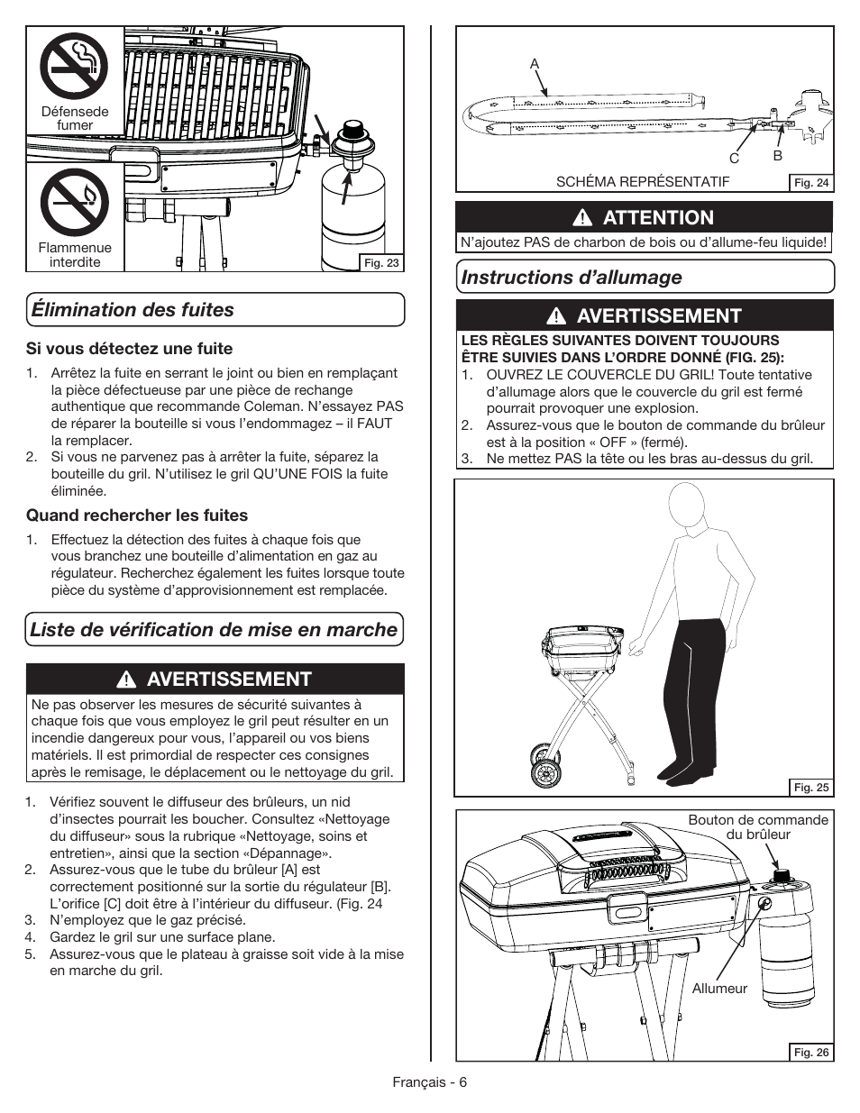 Avertissement instructions d’allumage, Avertissement, Attention | Coleman 9955 User Manual | Page 23 / 44