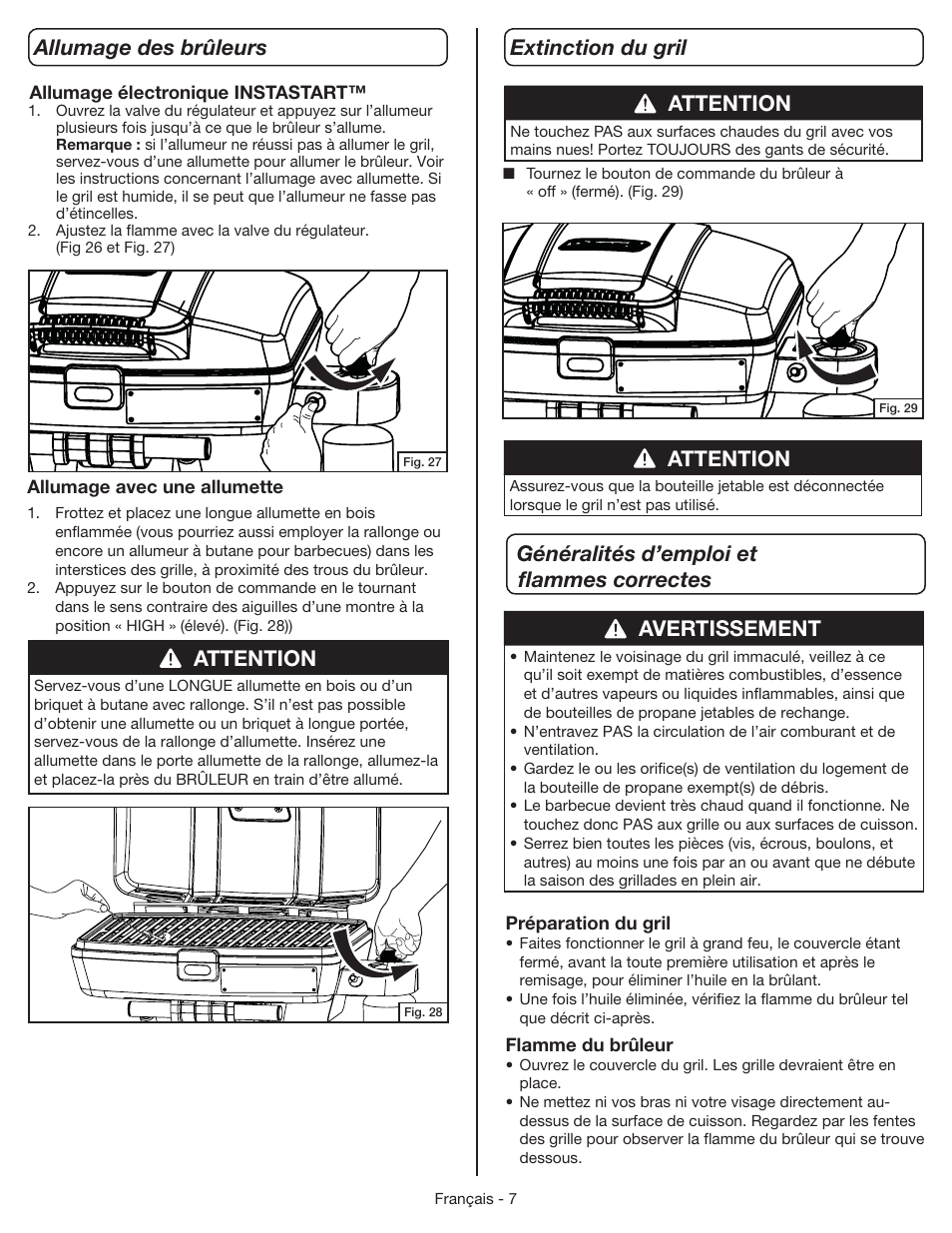 Allumage des brûleurs, Attention, Extinction du gril | Généralités d’emploi et ﬂammes correctes, Avertissement | Coleman 9955 User Manual | Page 24 / 44