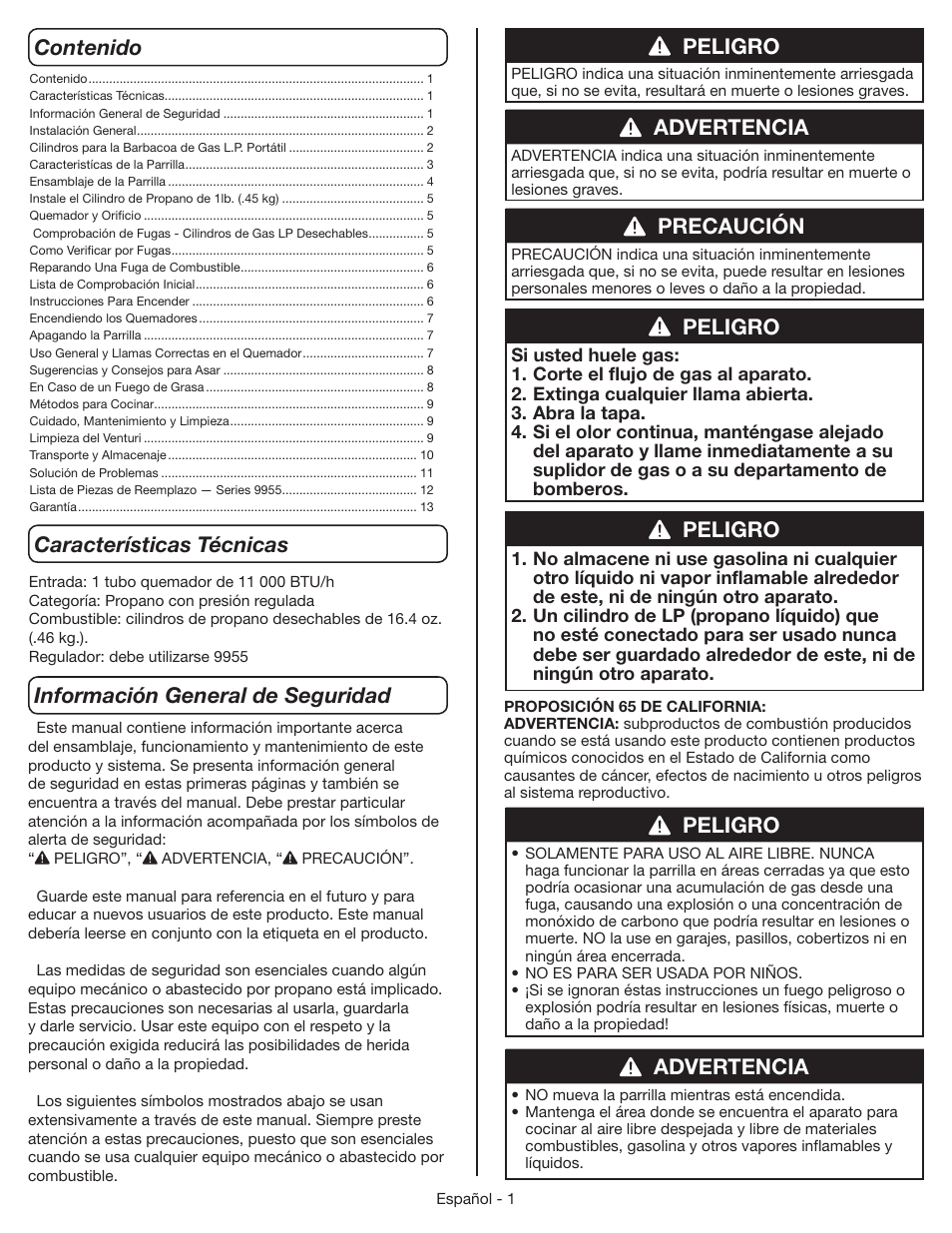 Peligro, Advertencia, Precaución | Coleman 9955 User Manual | Page 32 / 44