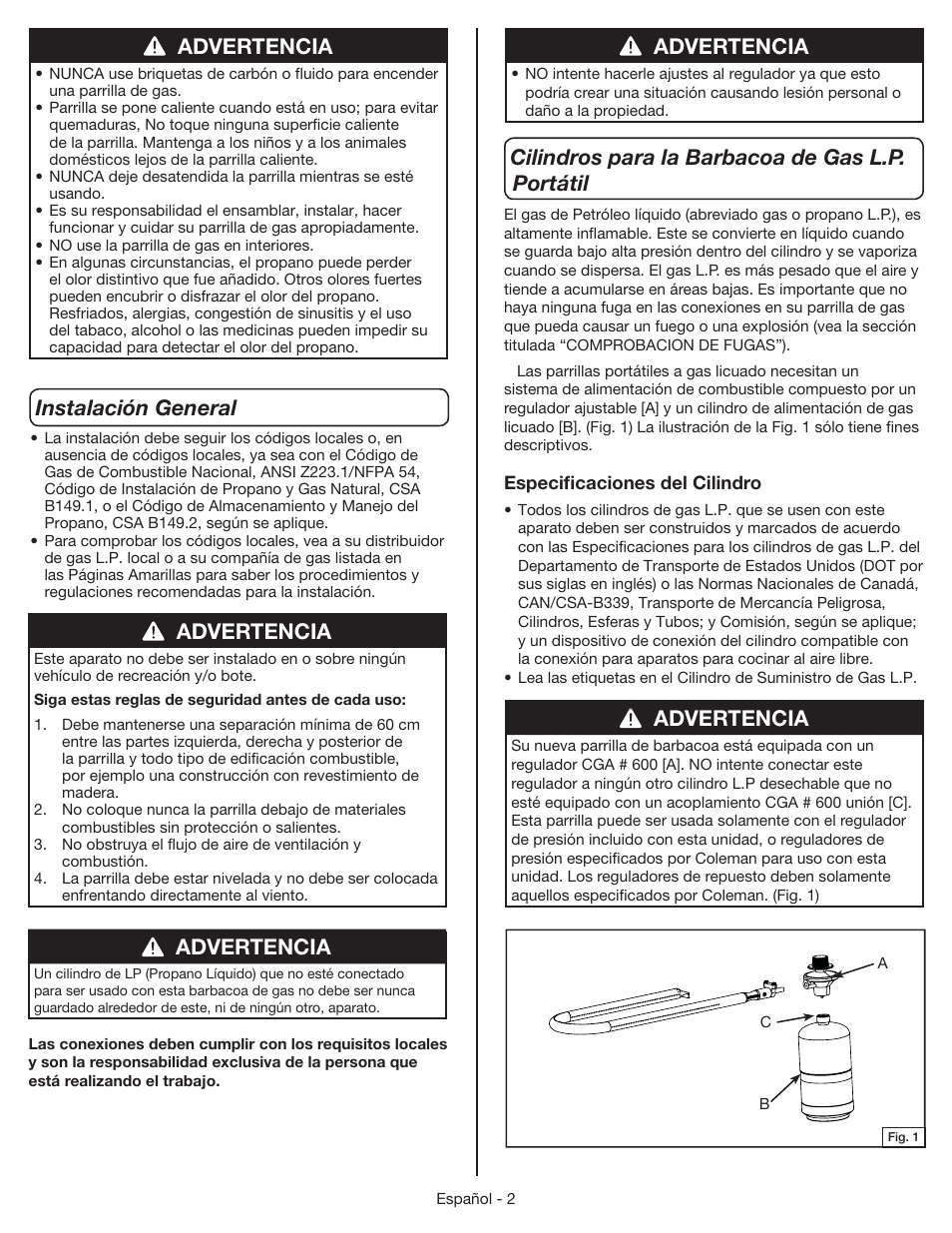 Advertencia | Coleman 9955 User Manual | Page 33 / 44