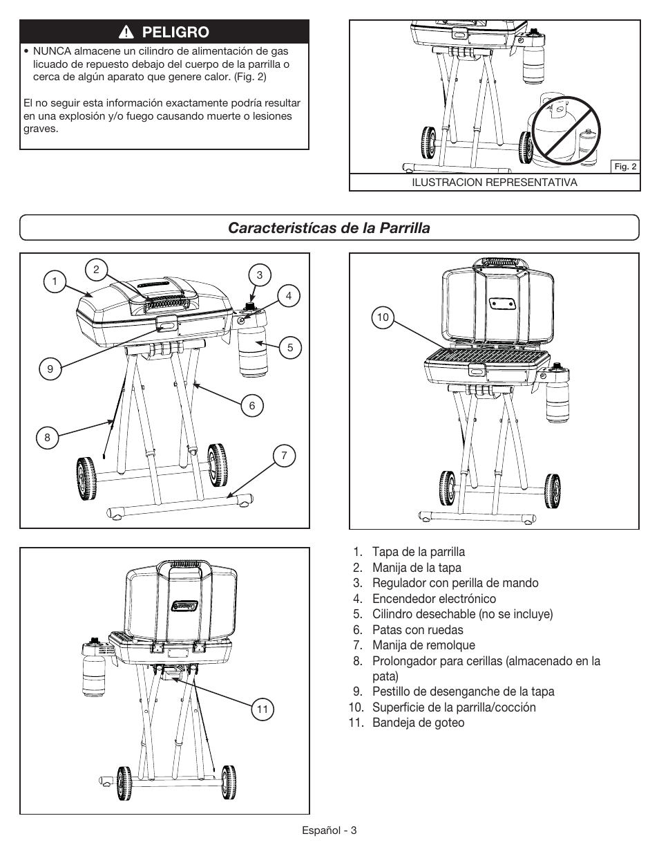 Peligro caracteristícas de la parrilla | Coleman 9955 User Manual | Page 34 / 44