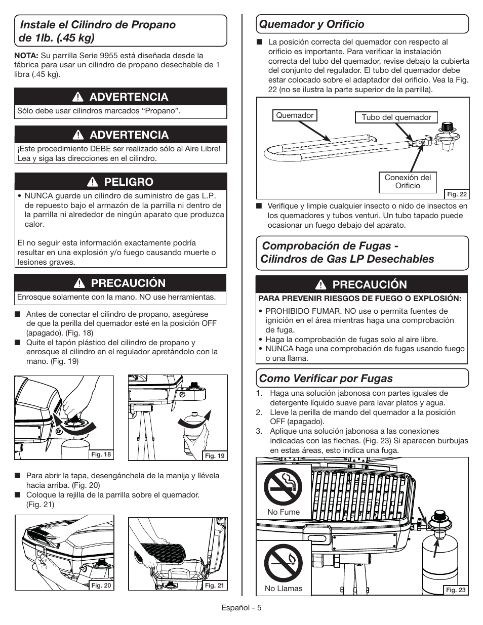 Precaución, Peligro, Advertencia | Coleman 9955 User Manual | Page 36 / 44