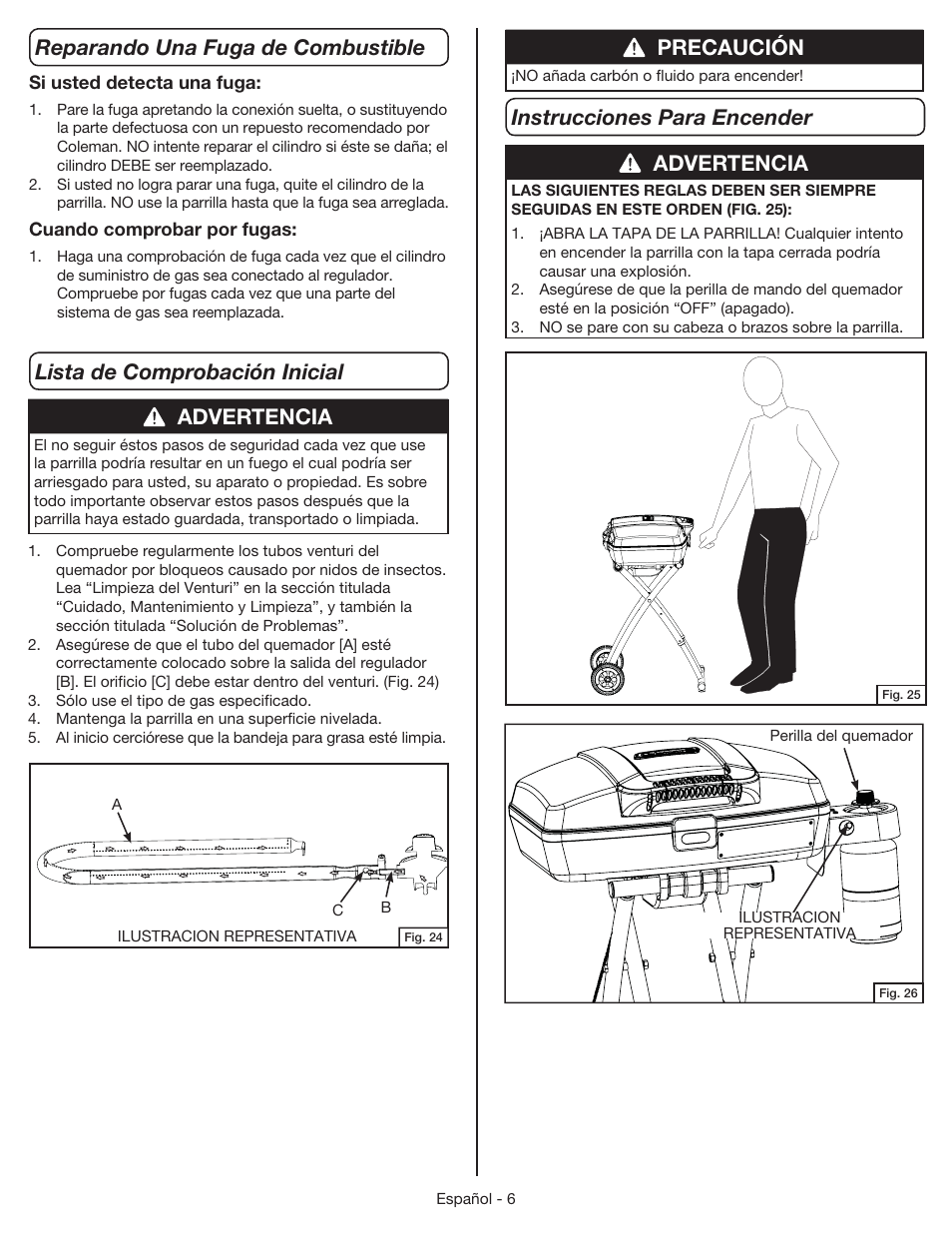 Lista de comprobación inicial, Advertencia, Advertencia instrucciones para encender | Precaución reparando una fuga de combustible | Coleman 9955 User Manual | Page 37 / 44