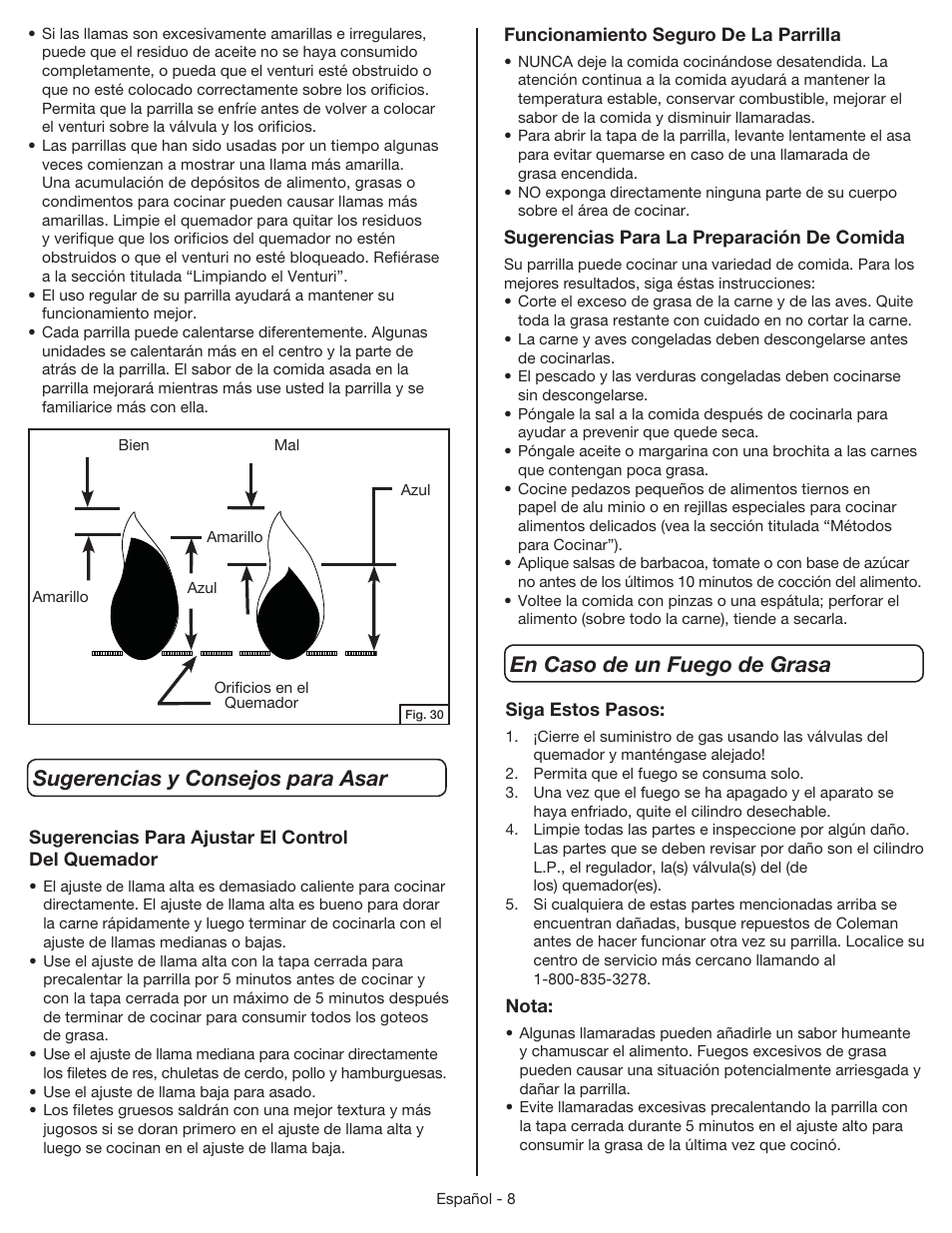 Sugerencias y consejos para asar, En caso de un fuego de grasa | Coleman 9955 User Manual | Page 39 / 44