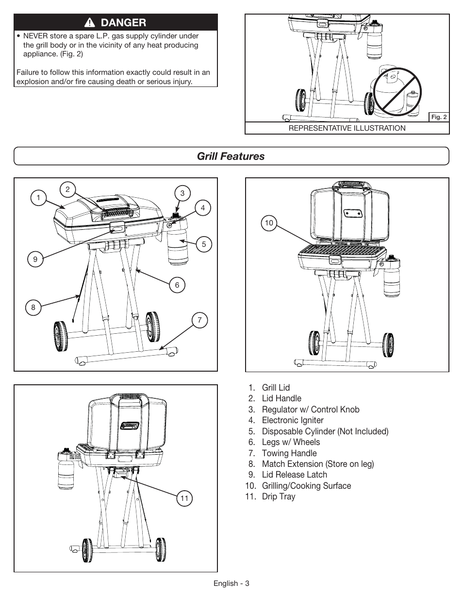 Grill features, Danger | Coleman 9955 User Manual | Page 4 / 44