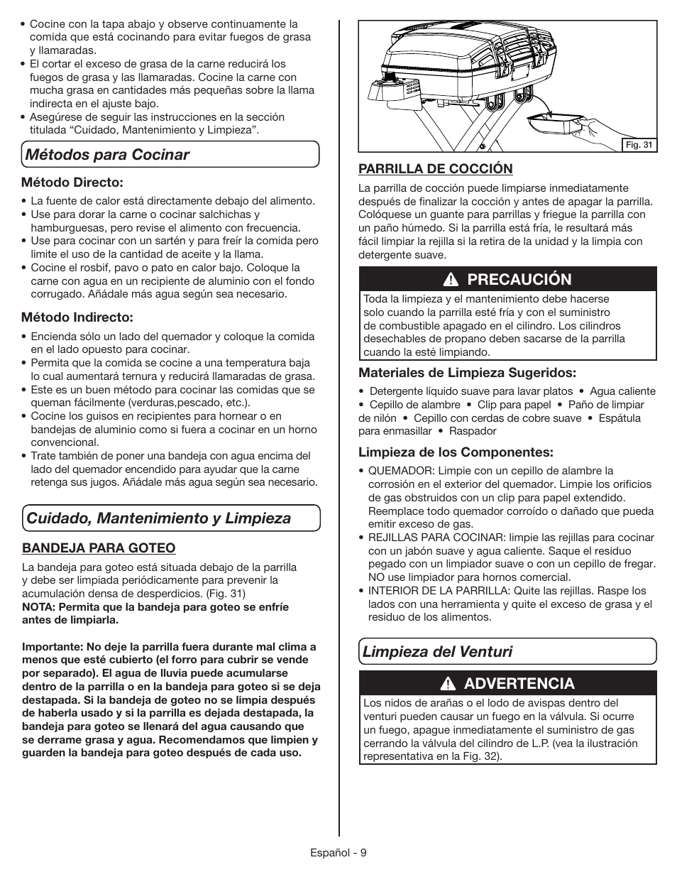 Precaución, Advertencia | Coleman 9955 User Manual | Page 40 / 44