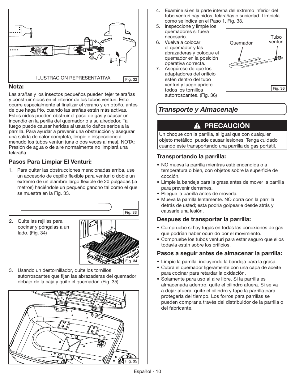 Precaución transporte y almacenaje | Coleman 9955 User Manual | Page 41 / 44