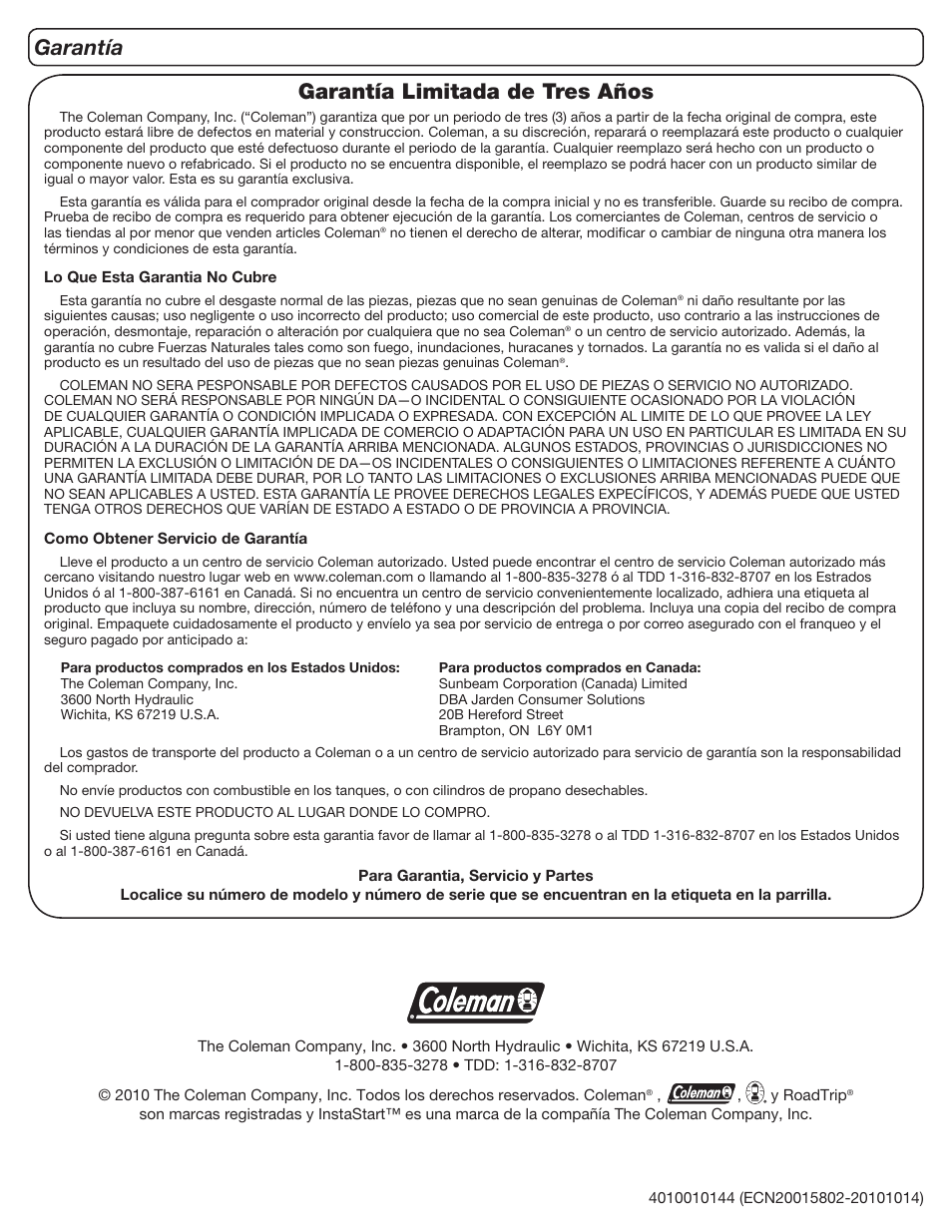 Garantía limitada de tres años, Garantía | Coleman 9955 User Manual | Page 44 / 44