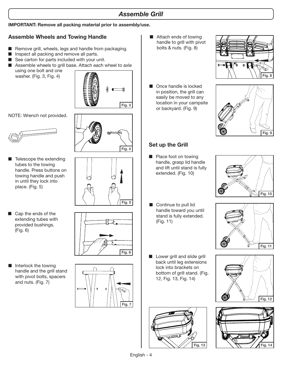 Assemble grill, Assemble wheels and towing handle set up the grill | Coleman 9955 User Manual | Page 5 / 44