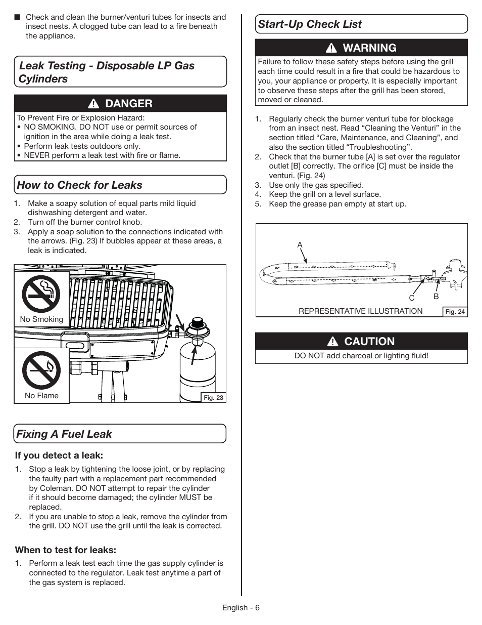 Warning, Caution, Leak testing - disposable lp gas cylinders | Danger | Coleman 9955 User Manual | Page 7 / 44