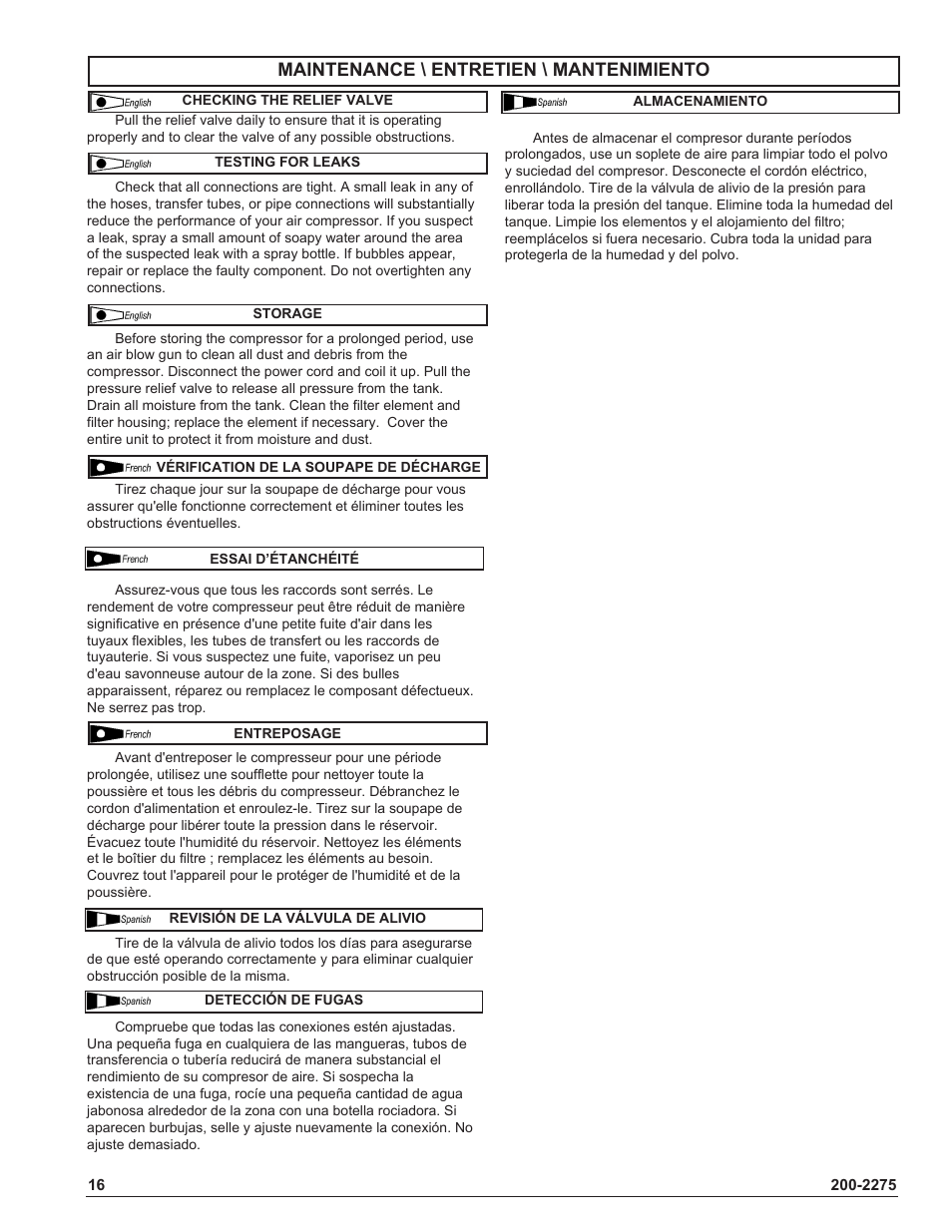 Maintenance \ entretien \ mantenimiento | Coleman Air Compressors User Manual | Page 16 / 24