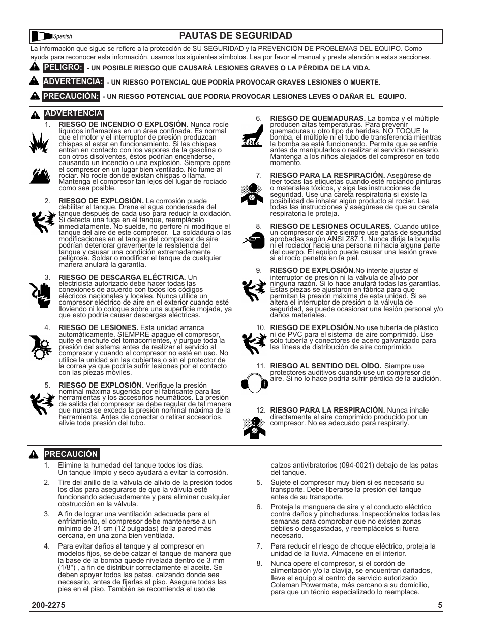Pautas de seguridad | Coleman Air Compressors User Manual | Page 5 / 24