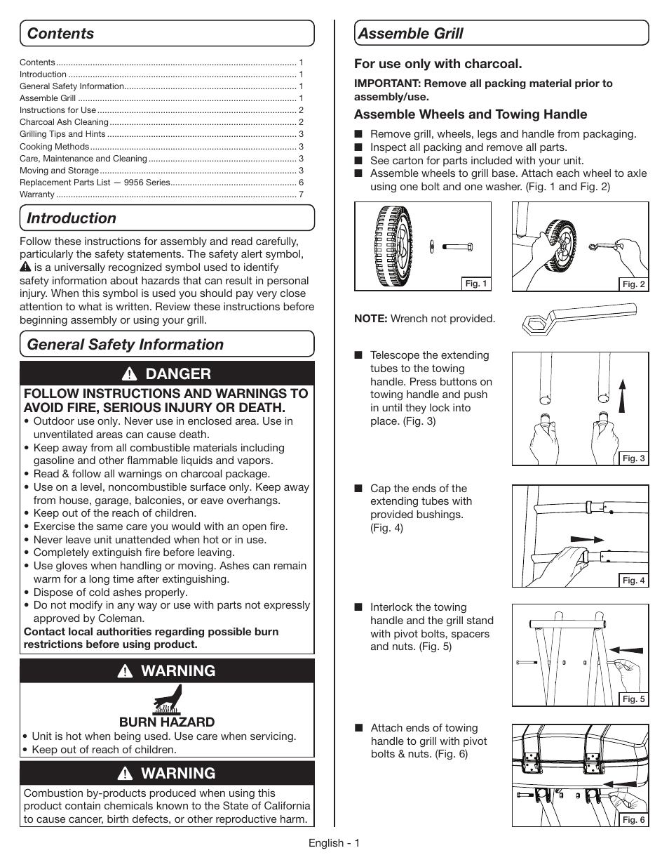 Introduction general safety information contents, Warning, Danger | Warning assemble grill | Coleman 9956 User Manual | Page 2 / 8