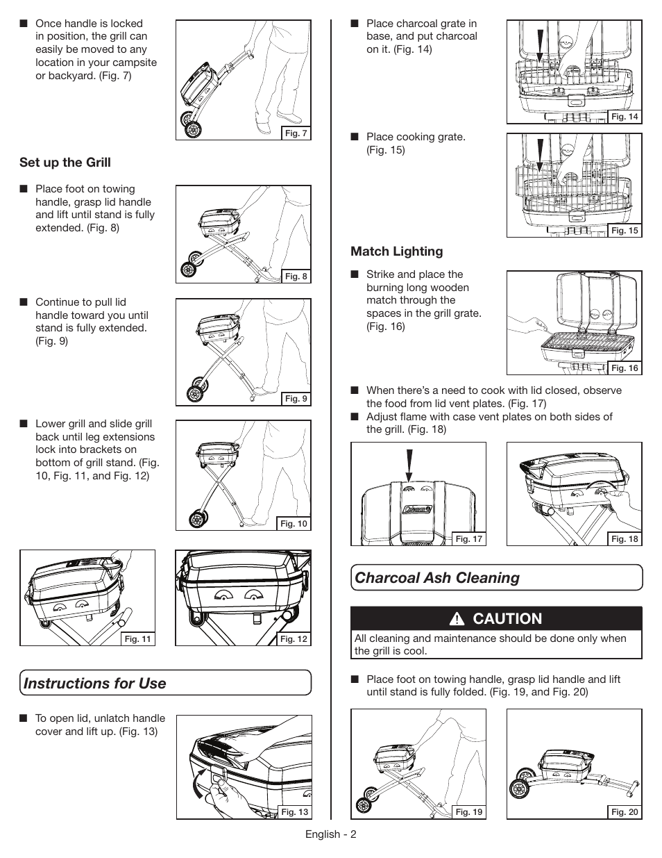 Charcoal ash cleaning instructions for use, Caution | Coleman 9956 User Manual | Page 3 / 8