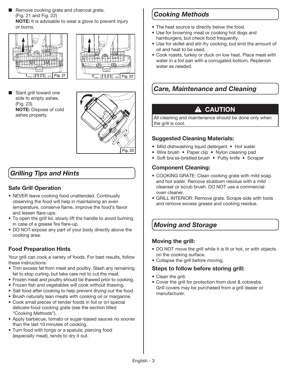 Grilling tips and hints, Cooking methods care, maintenance and cleaning, Caution | Moving and storage | Coleman 9956 User Manual | Page 4 / 8