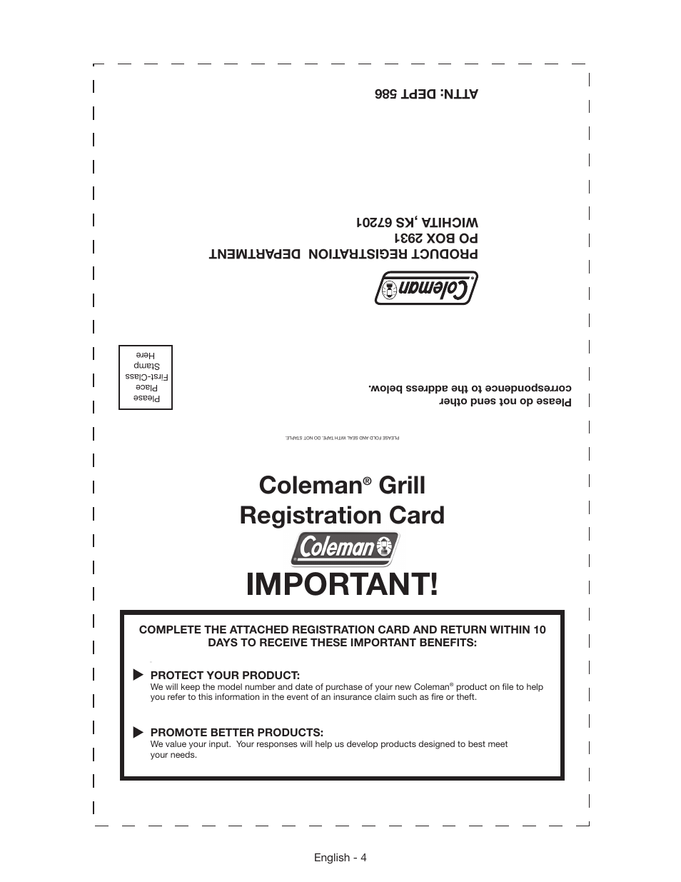 Important, Coleman, Grill registration card | Coleman 9956 User Manual | Page 5 / 8