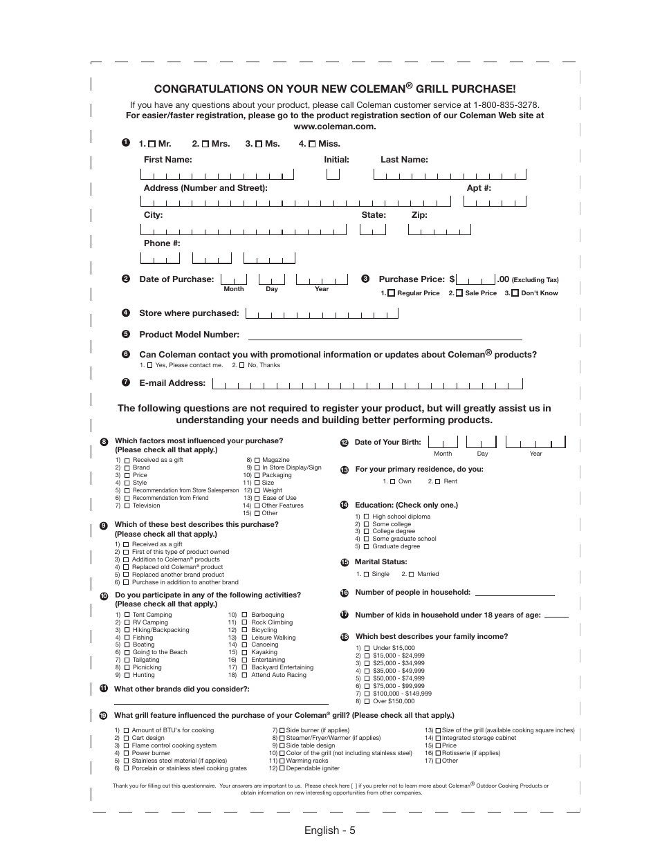 English - 5, Grill purchase | Coleman 9956 User Manual | Page 6 / 8