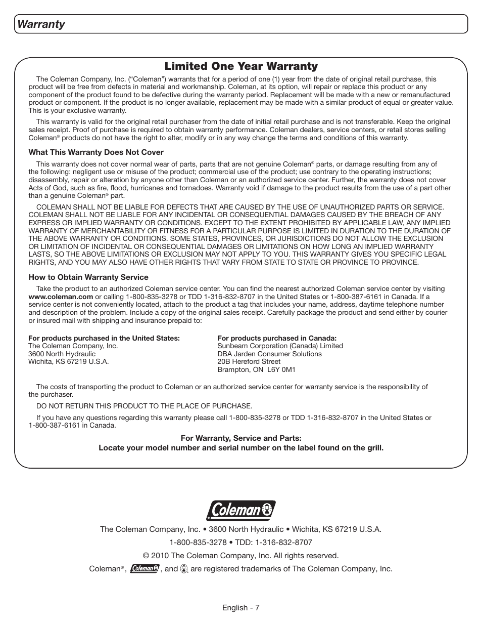 Warranty, Limited one year warranty | Coleman 9956 User Manual | Page 8 / 8