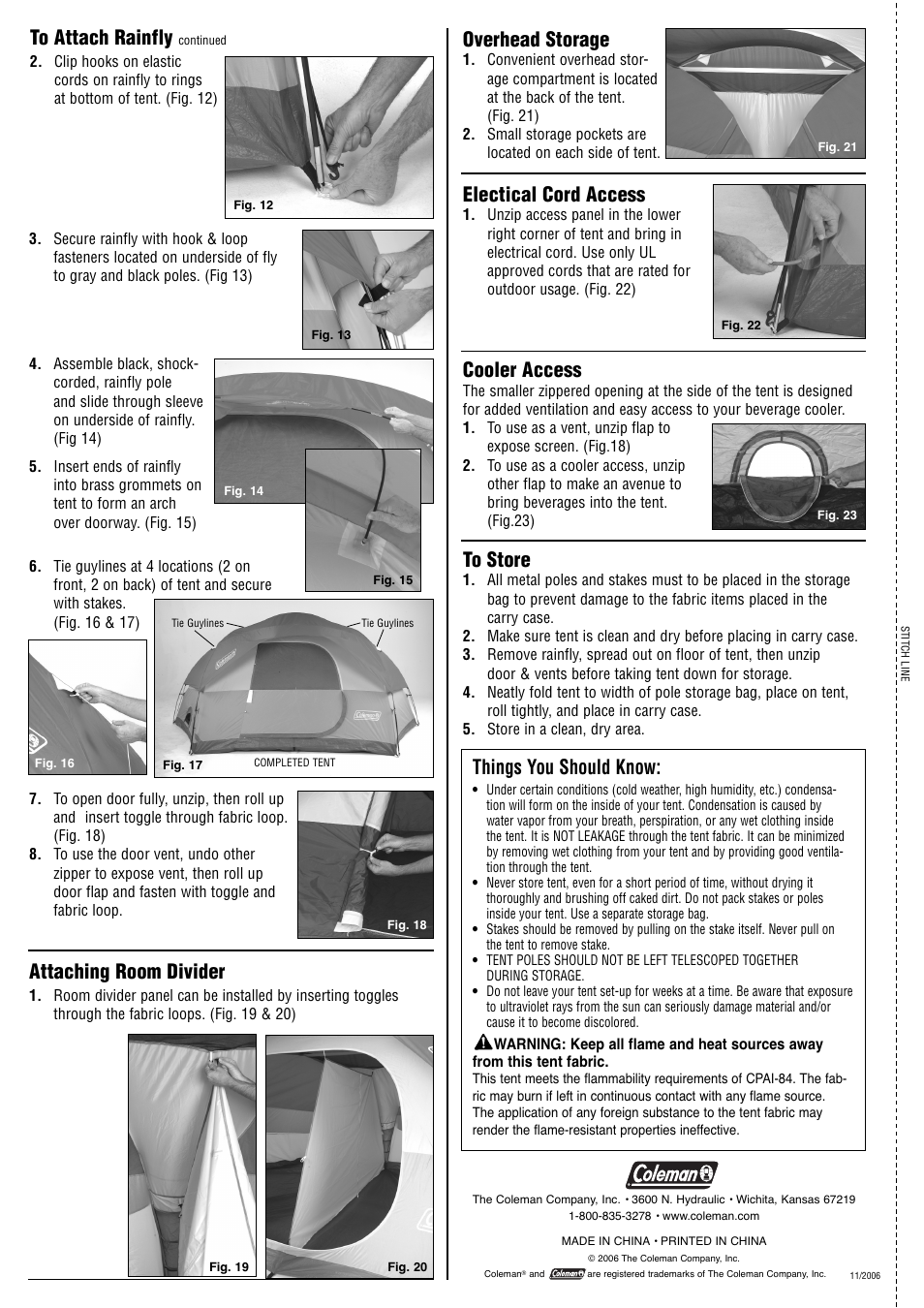 Attaching room divider, Things you should know, Cooler access | Electical cord access, Overhead storage | Coleman 9163-151 User Manual | Page 2 / 2