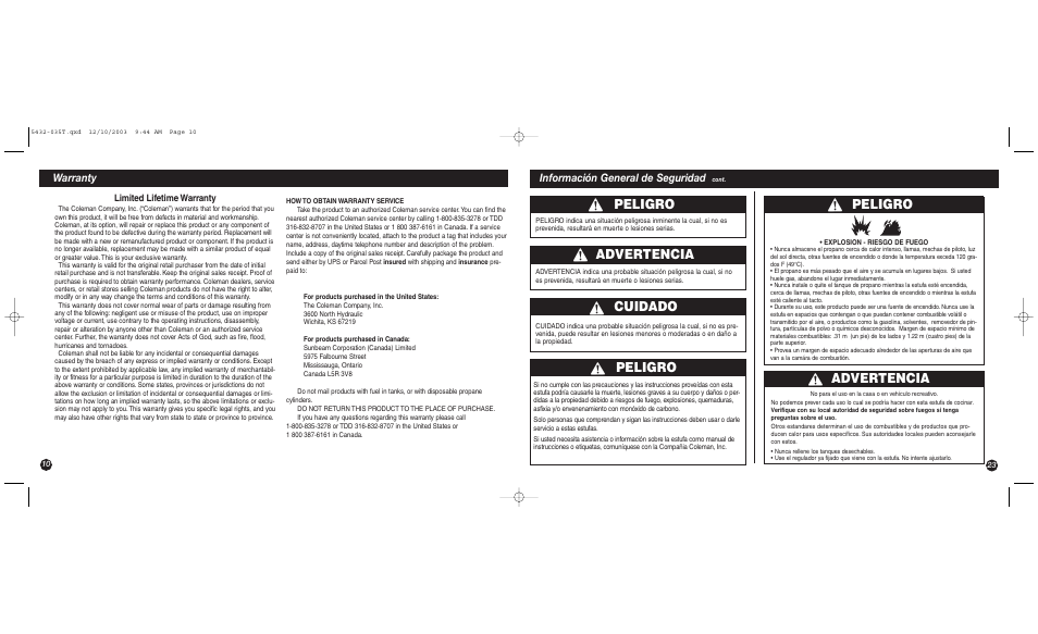 Peligro, Advertencia, Cuidado | Warranty, Información general de seguridad | Coleman 5432 User Manual | Page 10 / 16