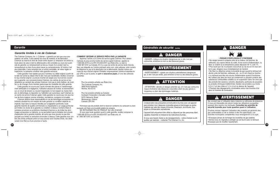 Danger, Avertissement, Danger attention | Garantie, Généralités de sécurité | Coleman 5432 User Manual | Page 13 / 16