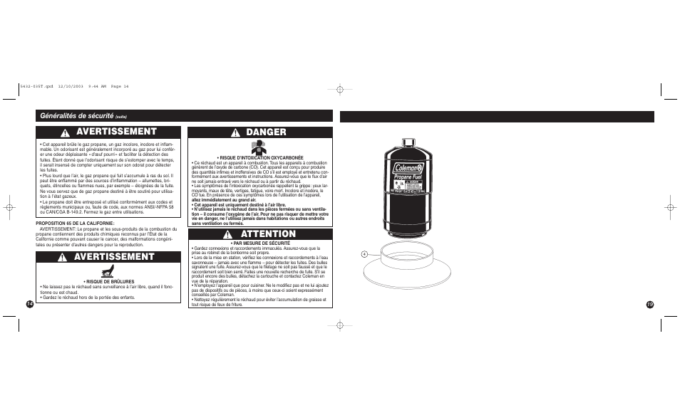 Avertissement, Attention, Danger | Généralités de sécurité | Coleman 5432 User Manual | Page 14 / 16