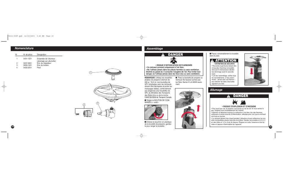 Attention, Danger, Assemblage | Nomenclature, Allumage | Coleman 5432 User Manual | Page 15 / 16