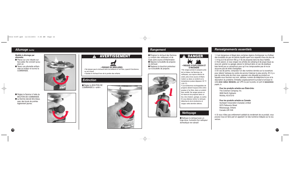 Danger, Avertissement, Allumage | Rangement renseignements essentiels, Extinction, Nettoyage | Coleman 5432 User Manual | Page 16 / 16