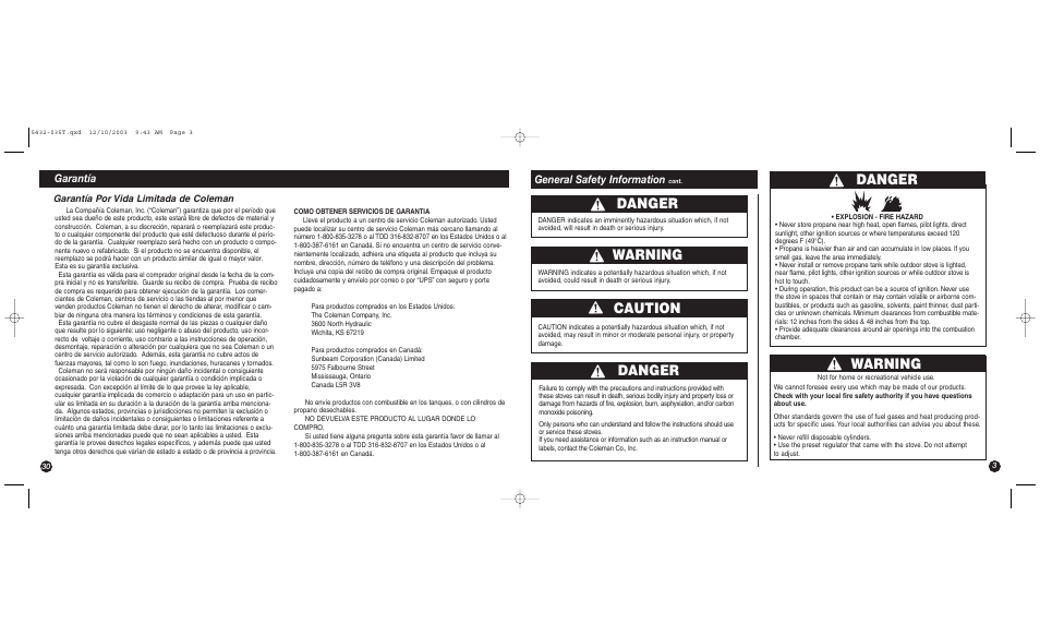 Warning, Danger, Caution | General safety information, Garantía | Coleman 5432 User Manual | Page 3 / 16