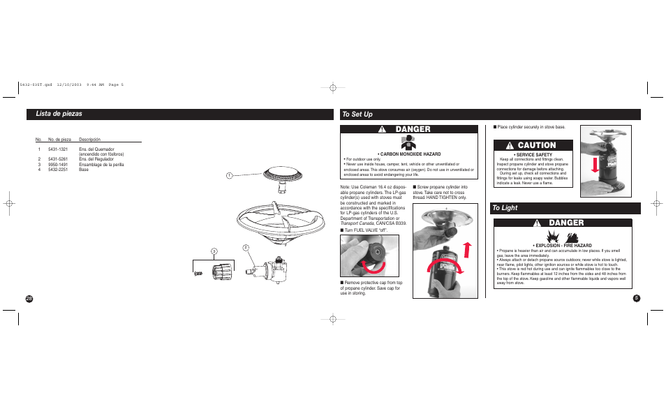 Danger, Caution, Lista de piezas | Coleman 5432 User Manual | Page 5 / 16