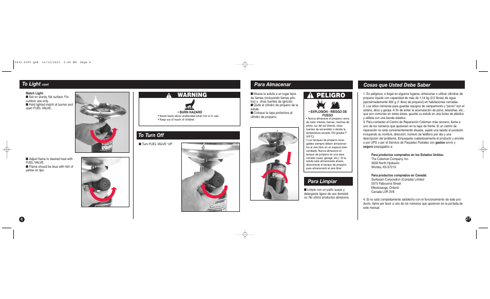 Peligro, Warning, Para almacenar cosas que usted debe saber | Para limpiar | Coleman 5432 User Manual | Page 6 / 16