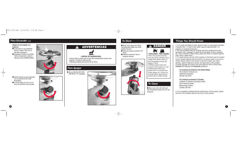 Advertencias, Danger, Para encender | Para apagar | Coleman 5432 User Manual | Page 7 / 16