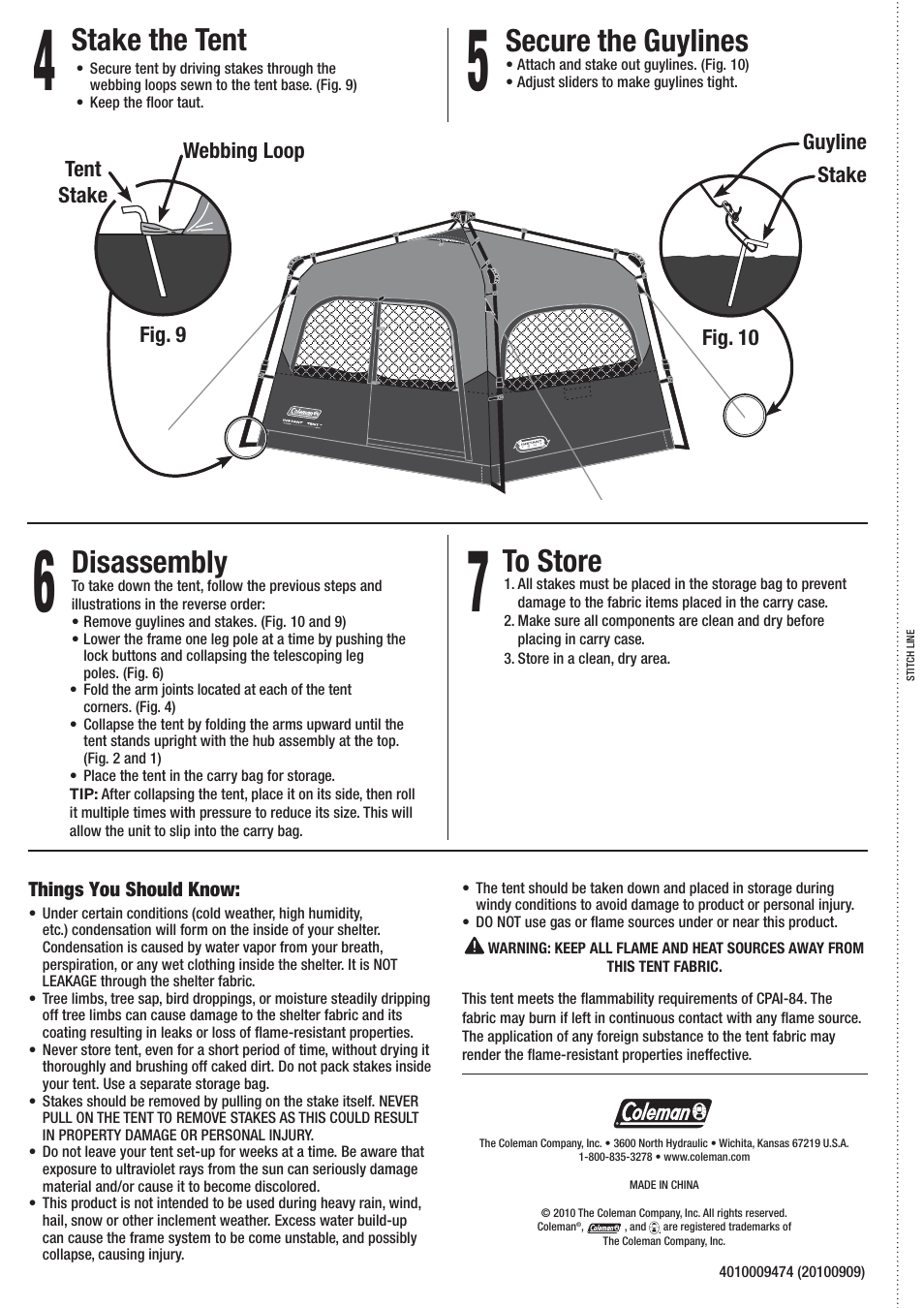 Disassembly, Secure the guylines, Stake the tent | Coleman STITCHLINE 2000007831 User Manual | Page 2 / 2