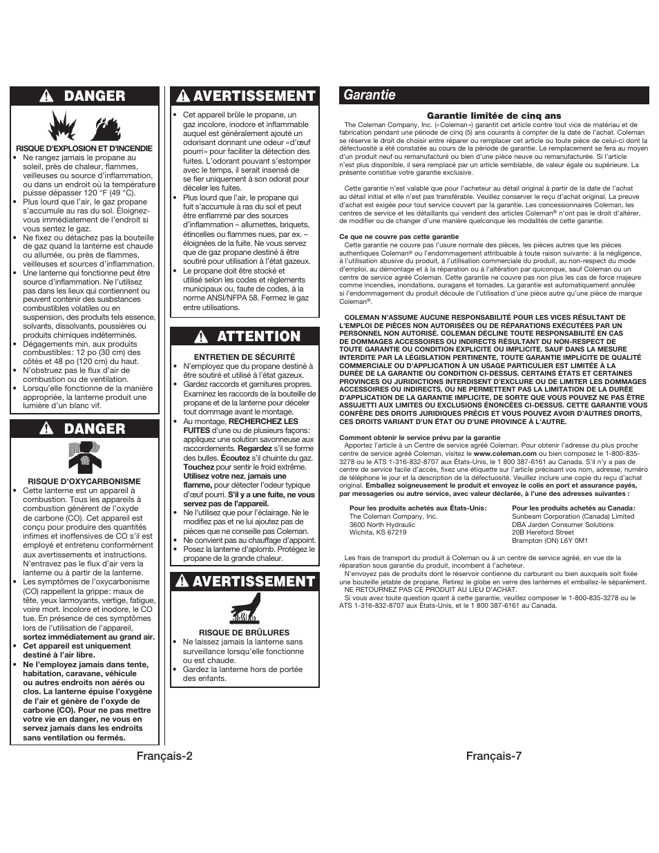 Danger, Français-2, Français-7 | Coleman QUICKPACK 5155 User Manual | Page 10 / 12