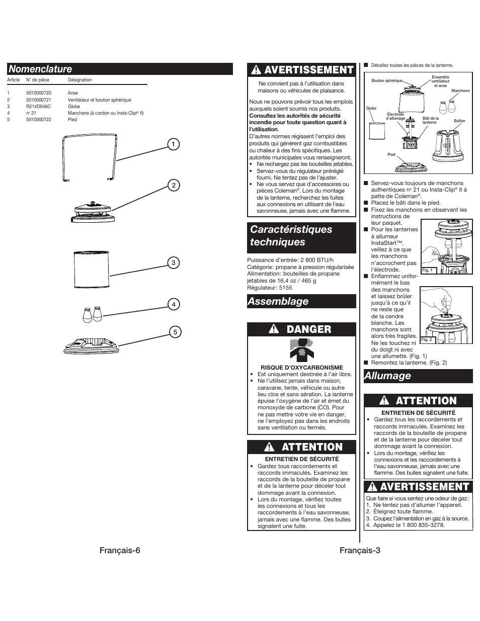 Nomenclature, Caractéristiques techniques, Danger attention attention avertissement | Assemblage allumage, Avertissement, Français-6, Français-3 | Coleman QUICKPACK 5155 User Manual | Page 11 / 12