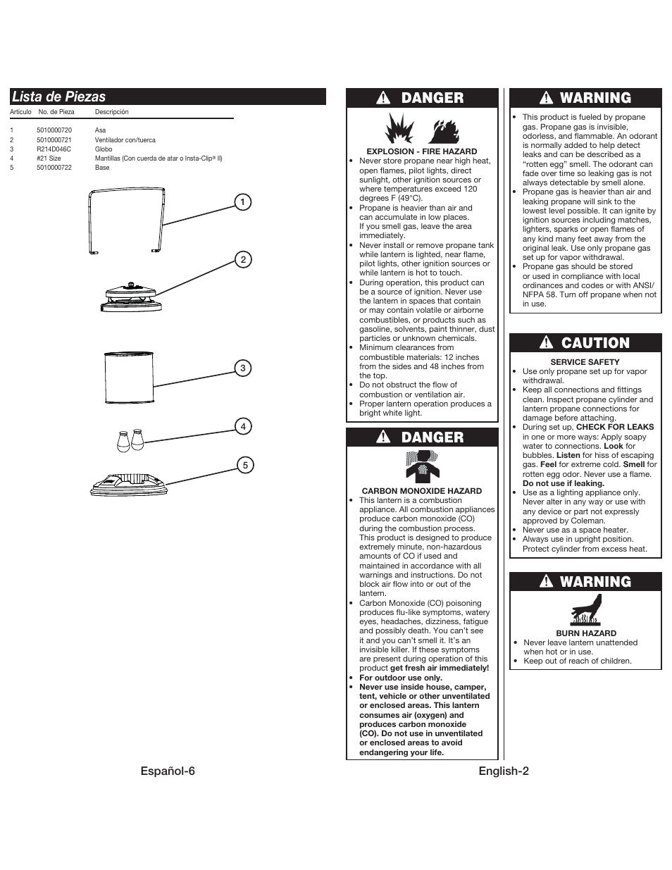 Lista de piezas, Danger, Danger warning caution warning | Español-6, English-2 | Coleman QUICKPACK 5155 User Manual | Page 3 / 12