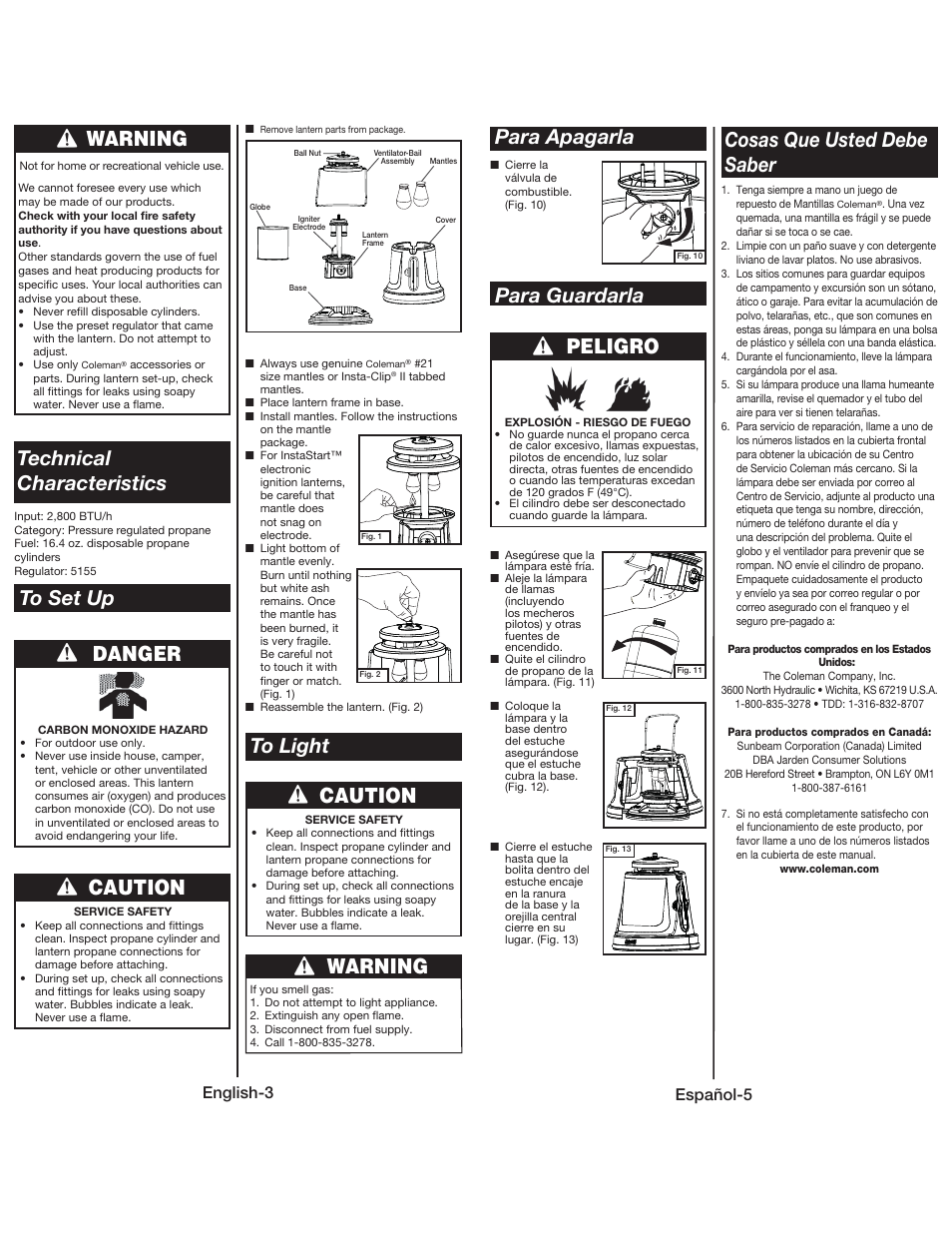 Technical characteristics, Danger caution caution warning, Warning | Para apagarla para guardarla, Peligro cosas que usted debe saber, English-3, Español-5 | Coleman QUICKPACK 5155 User Manual | Page 4 / 12